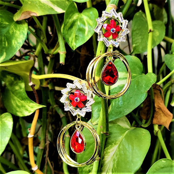 Flower Pattern Glass Stone Earrings Red Jewelry Ear Rings Earrings Trincket