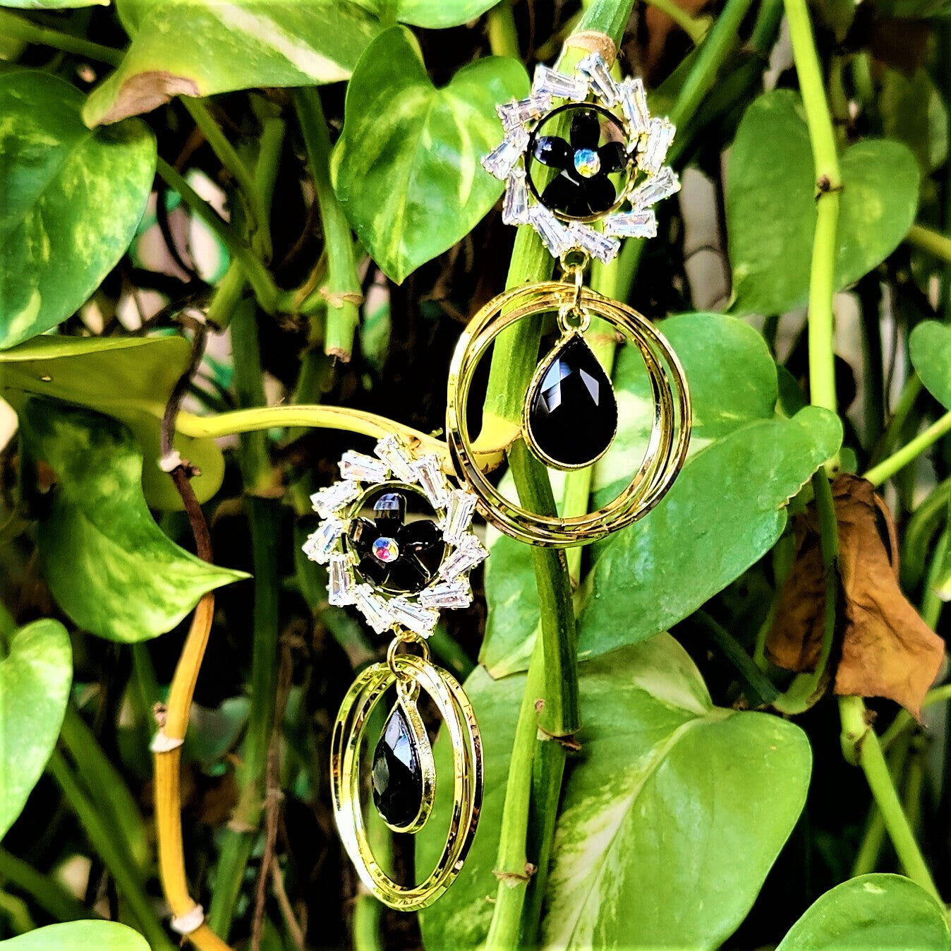 Flower Pattern Glass Stone Earrings Black Earrings AD Ear Rings Earrings party Trincket Jewellry Jewelry Jewellery