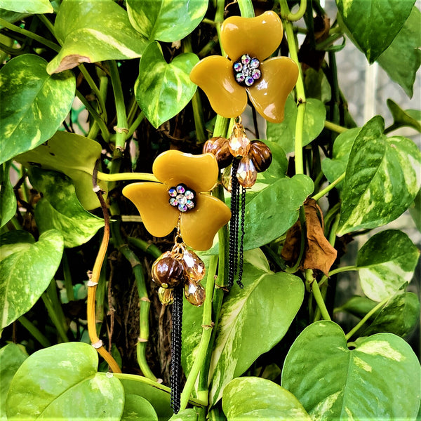 Big flower and Round Bead Earrings Yellow Jewelry Ear Rings Earrings Trincket