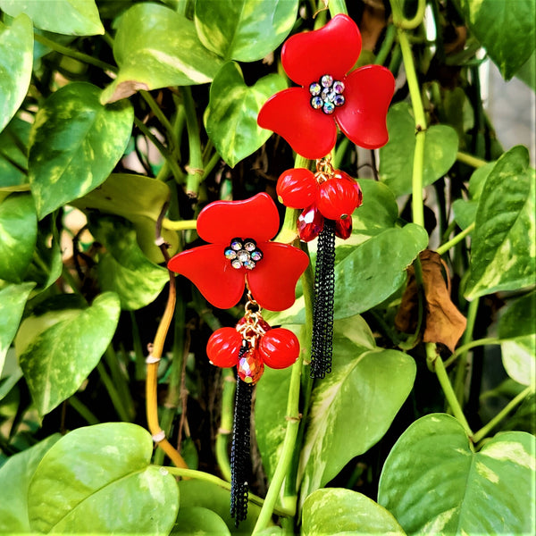 Big flower and Round Bead Earrings Red Jewelry Ear Rings Earrings Trincket