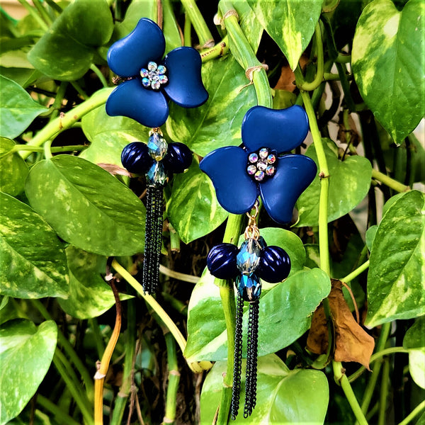Big flower and Round Bead Earrings Blue Jewelry Ear Rings Earrings Trincket