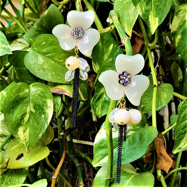 Big flower and Round Bead Earrings Cream Jewelry Ear Rings Earrings Trincket