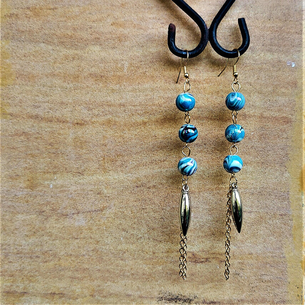 Three Bead Long Dangler Blue Jewelry Ear Rings Earrings Trincket