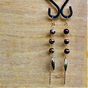 Three Bead Long Dangler Brown Jewelry Ear Rings Earrings Trincket