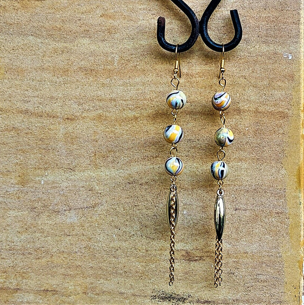 Three Bead Long Dangler Yellow Jewelry Ear Rings Earrings Trincket