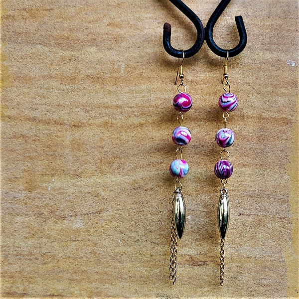 Three Bead Long Dangler Pink Jewelry Ear Rings Earrings Trincket