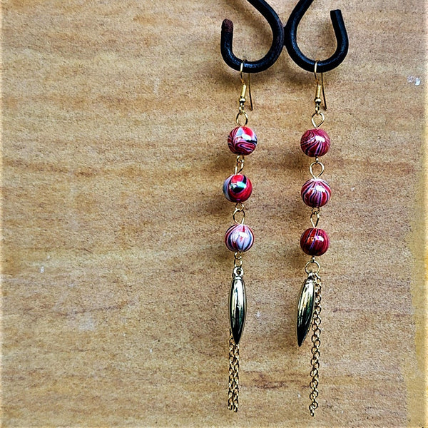 Three Bead Long Dangler Red Jewelry Ear Rings Earrings Trincket