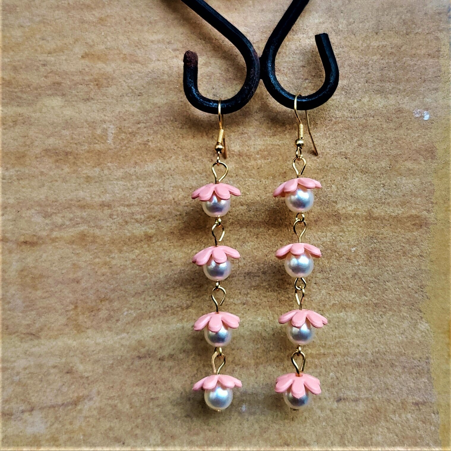 Flower and Bead Dangler Peach Jewelry Ear Rings Earrings Trincket