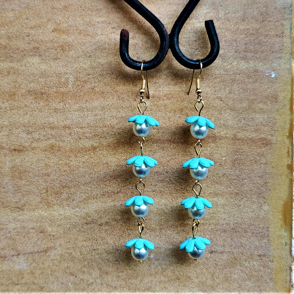 Flower and Bead Dangler Blue Jewelry Ear Rings Earrings Trincket