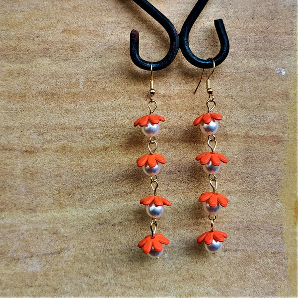 Flower and Bead Dangler Orange Jewelry Ear Rings Earrings Trincket