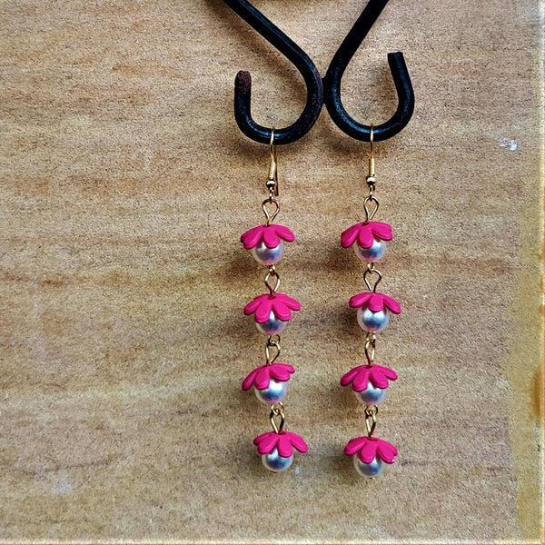Flower and Bead Dangler Pink Jewelry Ear Rings Earrings Trincket