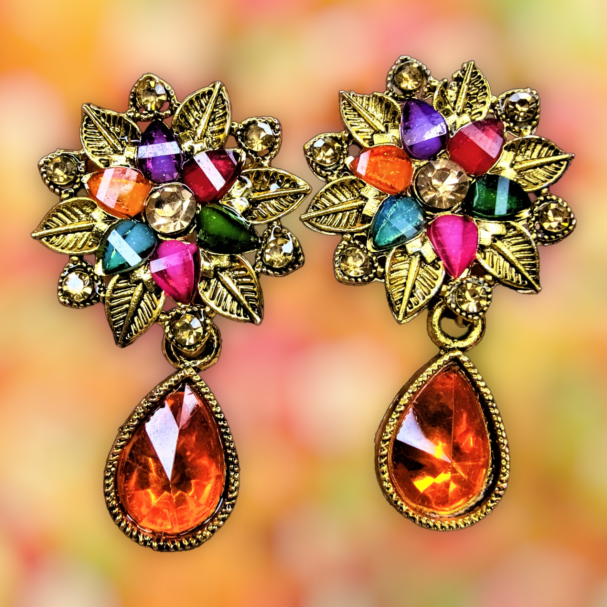 Colored Stones Flower Earrings Orange Earrings casuals Ear Rings Earrings ethnic office party Trincket Jewellry Jewelry Jewellery