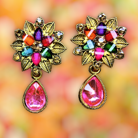 Colored Stones Flower Earrings Pink Jewelry Ear Rings Earrings Trincket