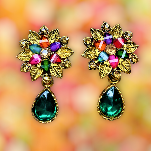 Colored Stones Flower Earrings Dark Green Jewelry Ear Rings Earrings Trincket