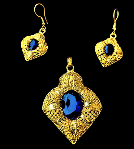 Gold and Blue Pendant Set Blue Jewelry Set Trincket