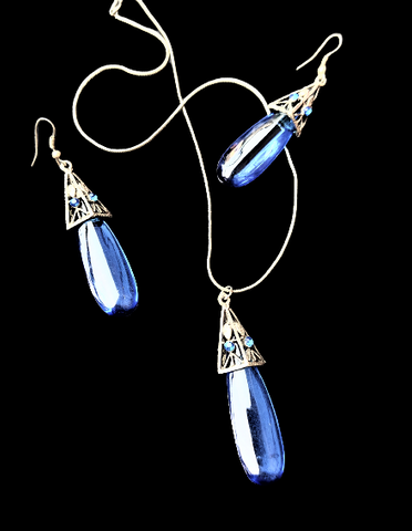 Silver and Blue Drop Pendant Set Jewelry Set Trincket