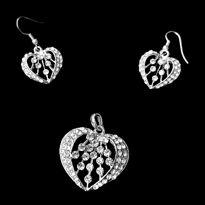 Silver Small Stone Heart Pendant Set Jewelry Set Trincket