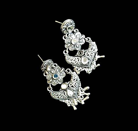 Flower carved medium chandbali Silver Jewelry Ear Rings Earrings Trincket