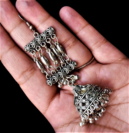 Oxidized Silver Jhumkis with mirror work Jewelry Ear Rings Earrings Trincket