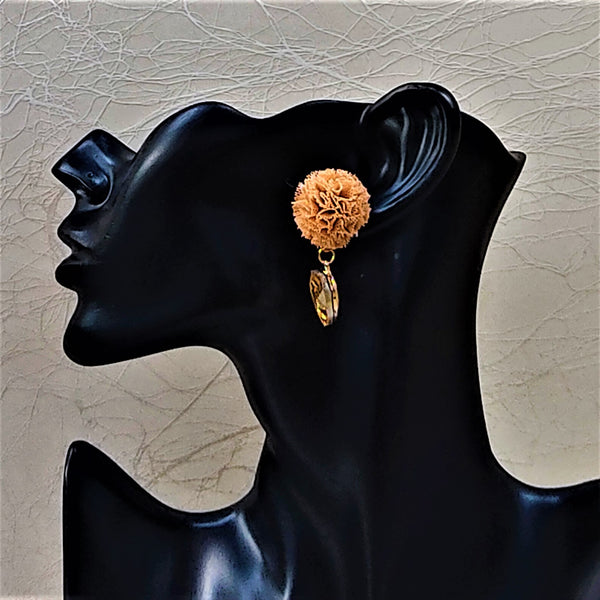 Ruffle Pom pom and Glass Stone Earrings Jewelry Ear Rings Earrings Trincket