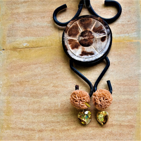 Ruffle Pom pom and Glass Stone Earrings Beige Jewelry Ear Rings Earrings Trincket