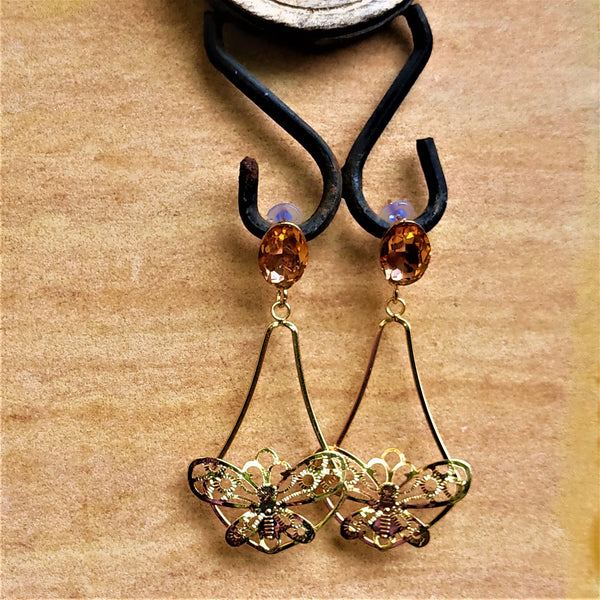 Glass Stone Butterfly Dangles Peach Jewelry Ear Rings Earrings Trincket