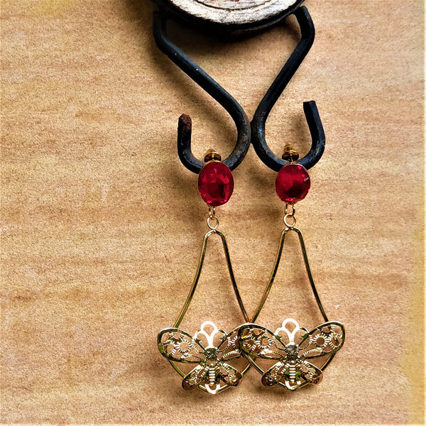 Glass Stone Butterfly Dangles Red Jewelry Ear Rings Earrings Trincket