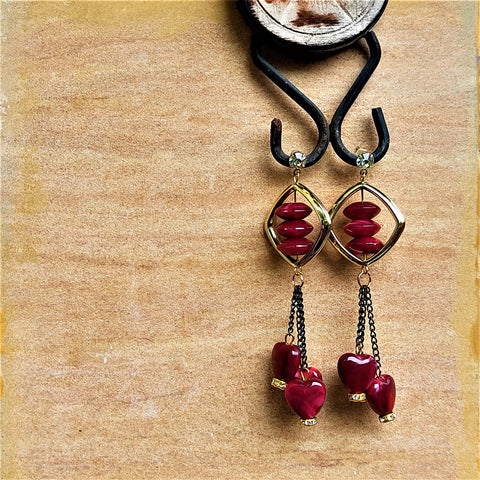 Heart shaped Beads, Long length Dangles Cherry Red Jewelry Ear Rings Earrings Trincket