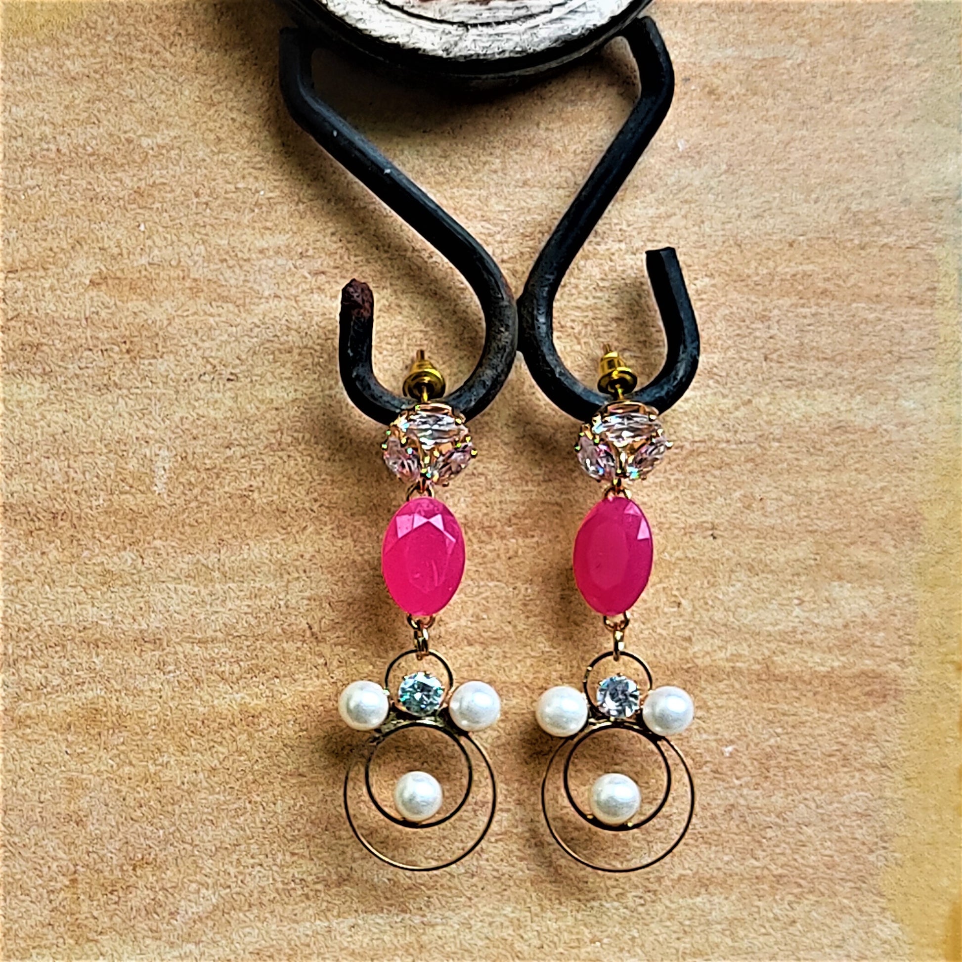 Stone and Beads studded Earrings Dark Pink Earrings Ear Rings Earrings Trincket Jewellry Jewelry Jewellery