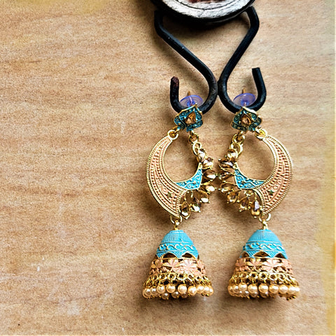 Long length traditional Fancy Jhumki Blue and Peach Jewelry Ear Rings Earrings Trincket