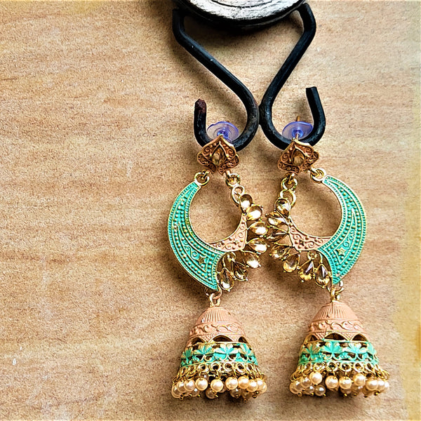 Long length traditional Fancy Jhumki Peach and Green Jewelry Ear Rings Earrings Trincket