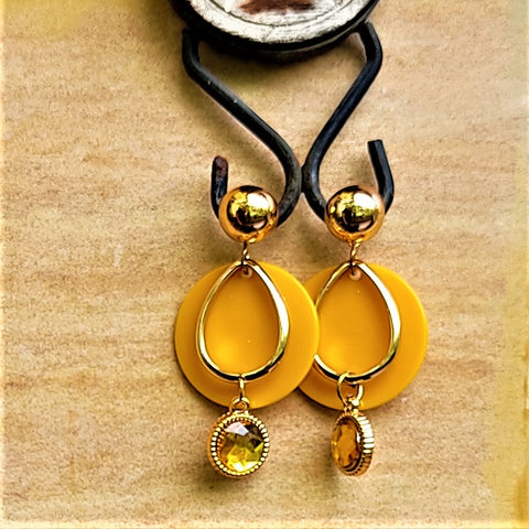 Round Plastic and Glass Stone Earrings Yellow Jewelry Ear Rings Earrings Trincket
