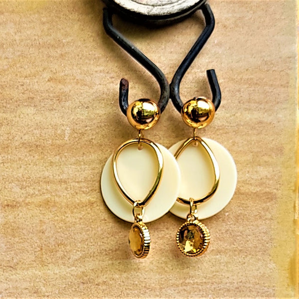 Round Plastic and Glass Stone Earrings Cream Jewelry Ear Rings Earrings Trincket